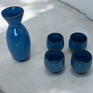 BIA Sake 5 Piece Blue Brown Trim Ceramic Set